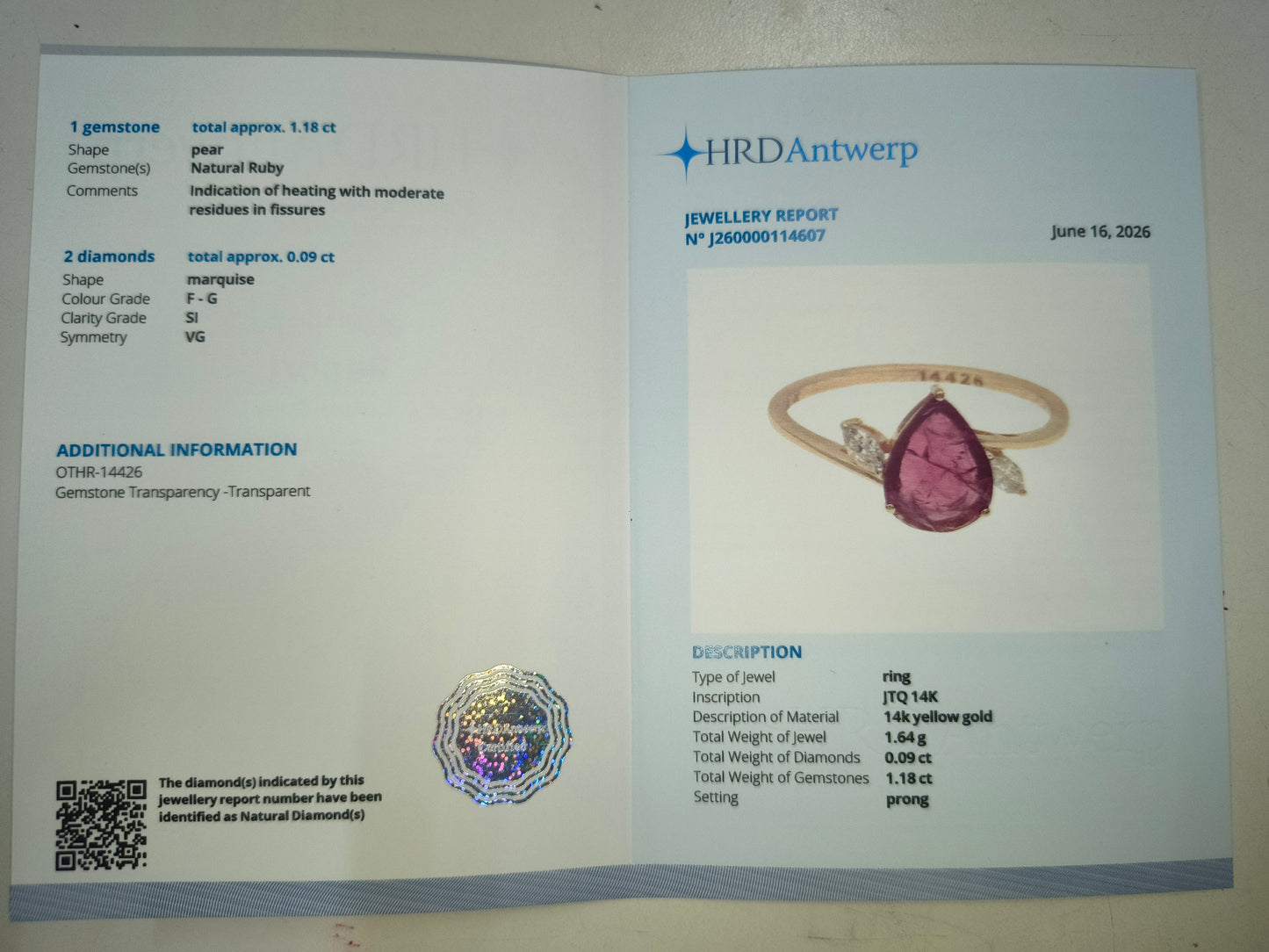 1.27 Ct Pear Natural Ruby 14K Gold Ring