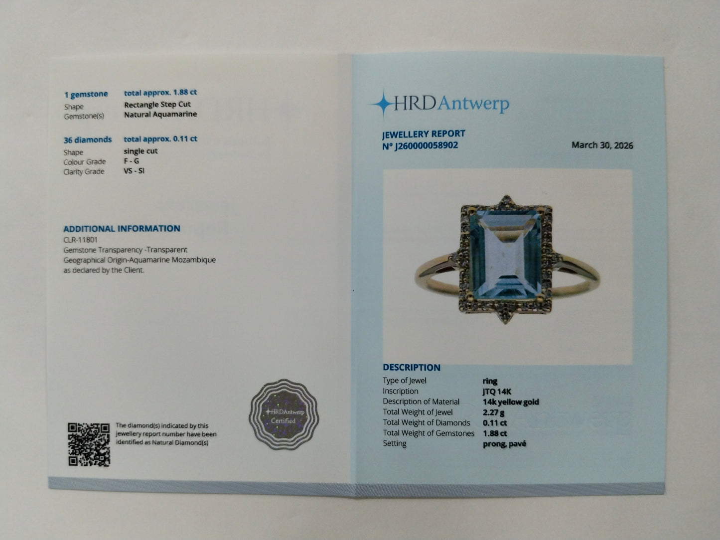 1.99 Ct Rectangle Step Cut Natural Aquamarine 14K Gold Ring