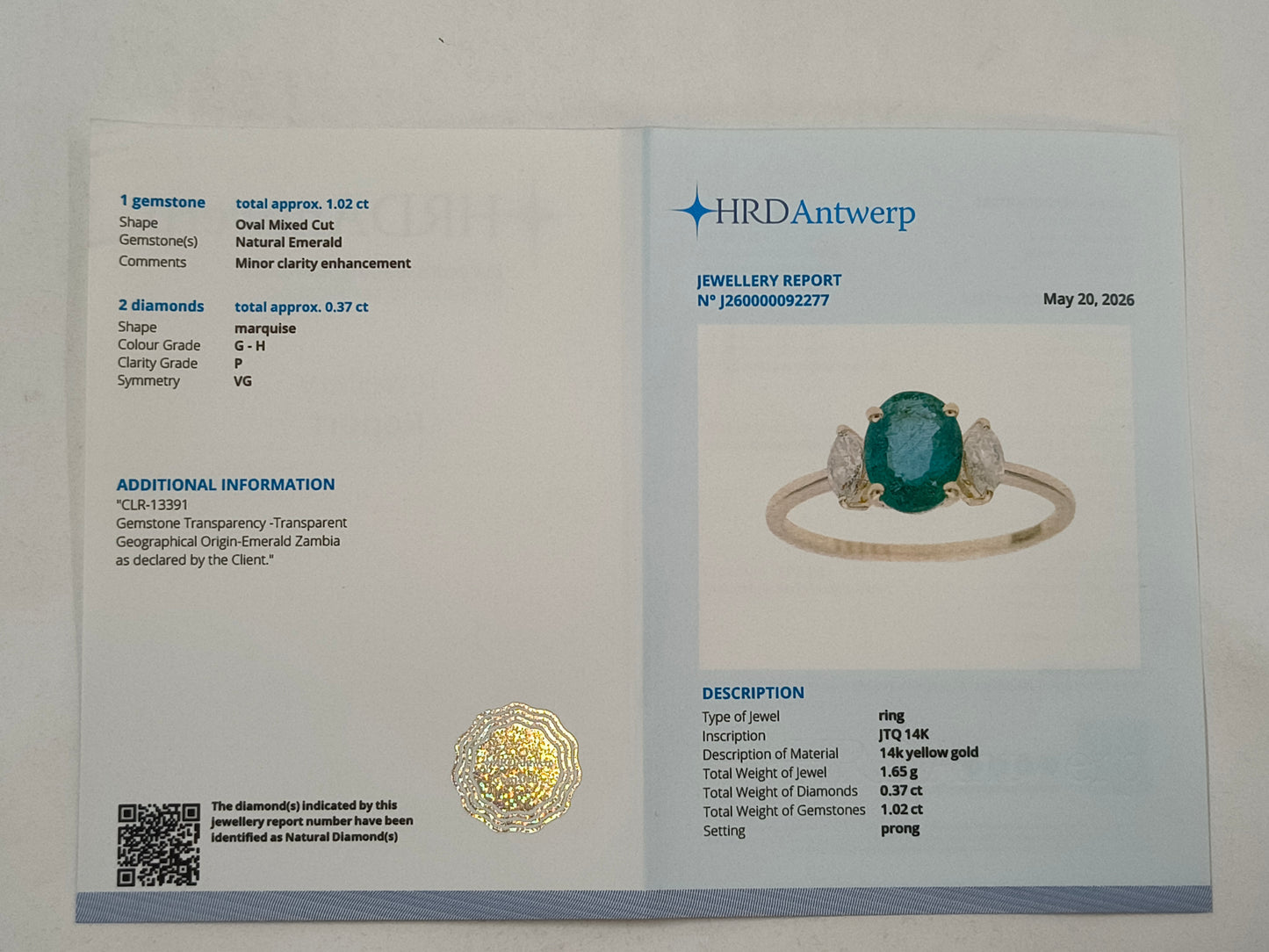 1.39 Ct Oval Emerald 14K Gold Ring