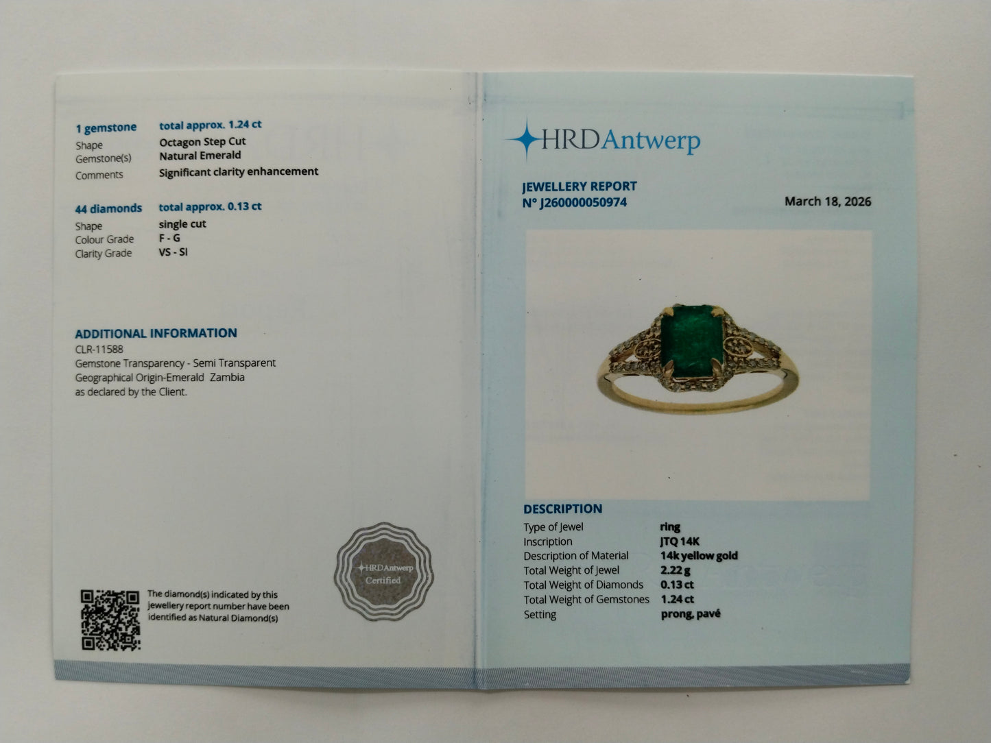 1.37 Ct Octagon Step Cut Natural Emerald 14K Gold Ring