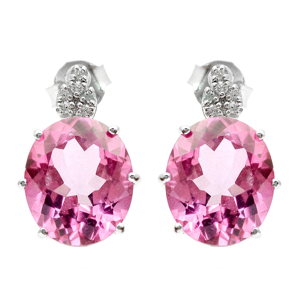 12.32 Ct Oval Pink Topaz, White Zircon 925 Sterling Silver Earrings