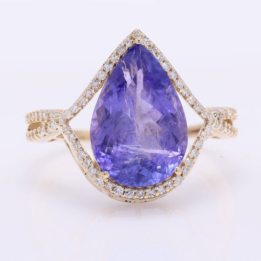 5.26 Ct Pear Mixed Cut Natural Tanzanite 14K Gold Ring