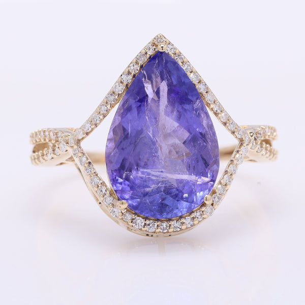 5.26 Ct Pear Mixed Cut Natural Tanzanite 14K Gold Ring