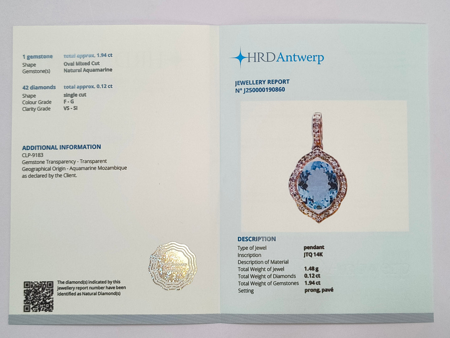 2.06 Ct Oval Mixed Cut Natural Aquamarine 14K Gold Pendant