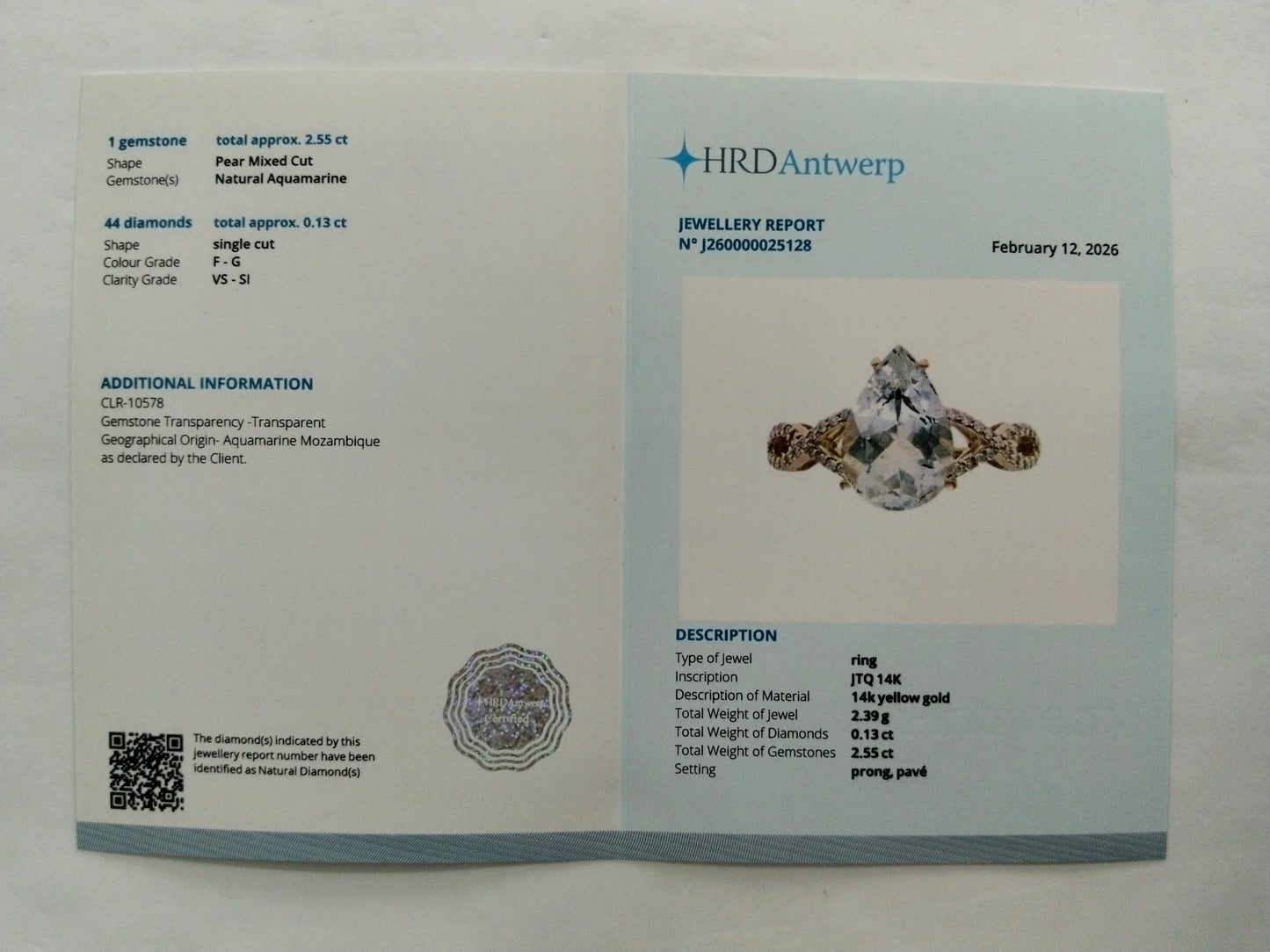 2.68 Ct Pear Mixed Cut Natural Aquamarine 14K Gold Ring