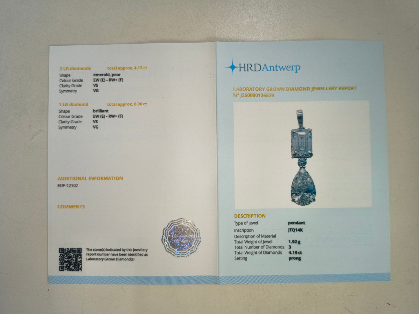 4.19 Carats Lab Grown Diamond 14K Gold Pendant