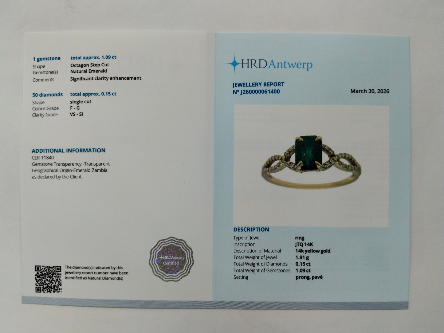 1.24 Ct Octagon Step Cut Natural Emerald 14K Gold Ring
