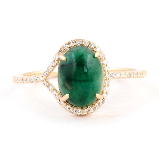 2.43 Ct Oval Cabochon Natural Beryl Emerald 14K Gold Ring