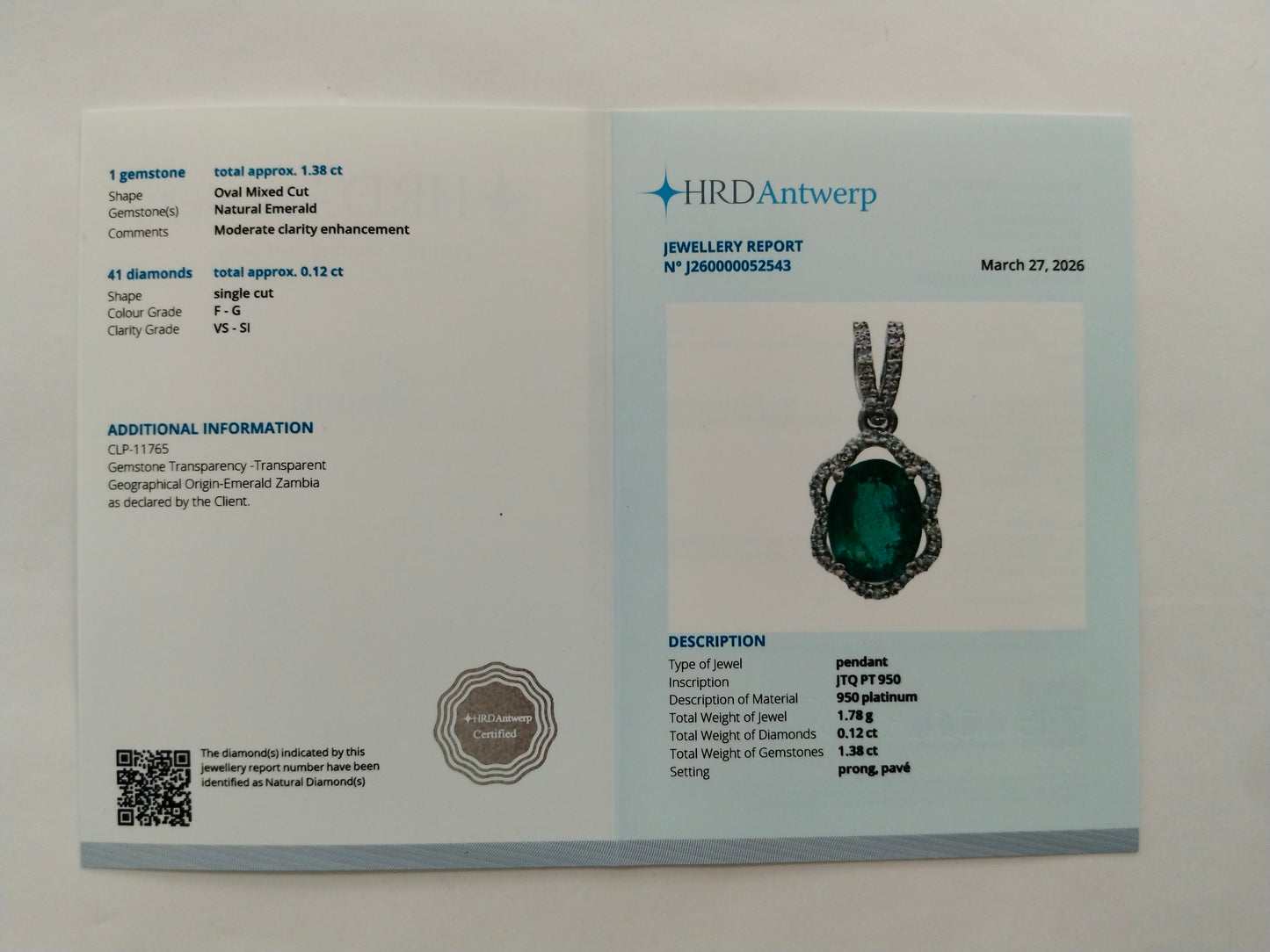 1.50 Ct Oval Mixed Cut Natural Emerald 950 Platinum Pendant