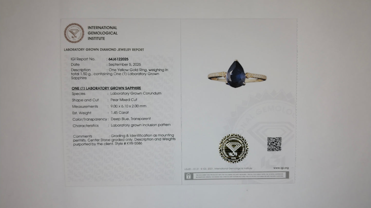 1.50 Ct Pear Mixed Cut Lab Grown Sapphire 14K Gold Ring