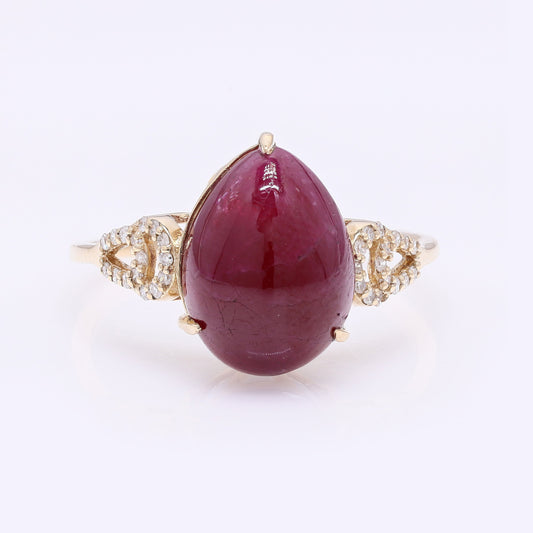 5.61 Ct Pear Cabochon Natural Corundum Ruby 14K Gold Ring