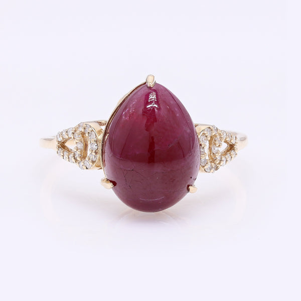 5.61 Ct Pear Cabochon Natural Corundum Ruby 14K Gold Ring