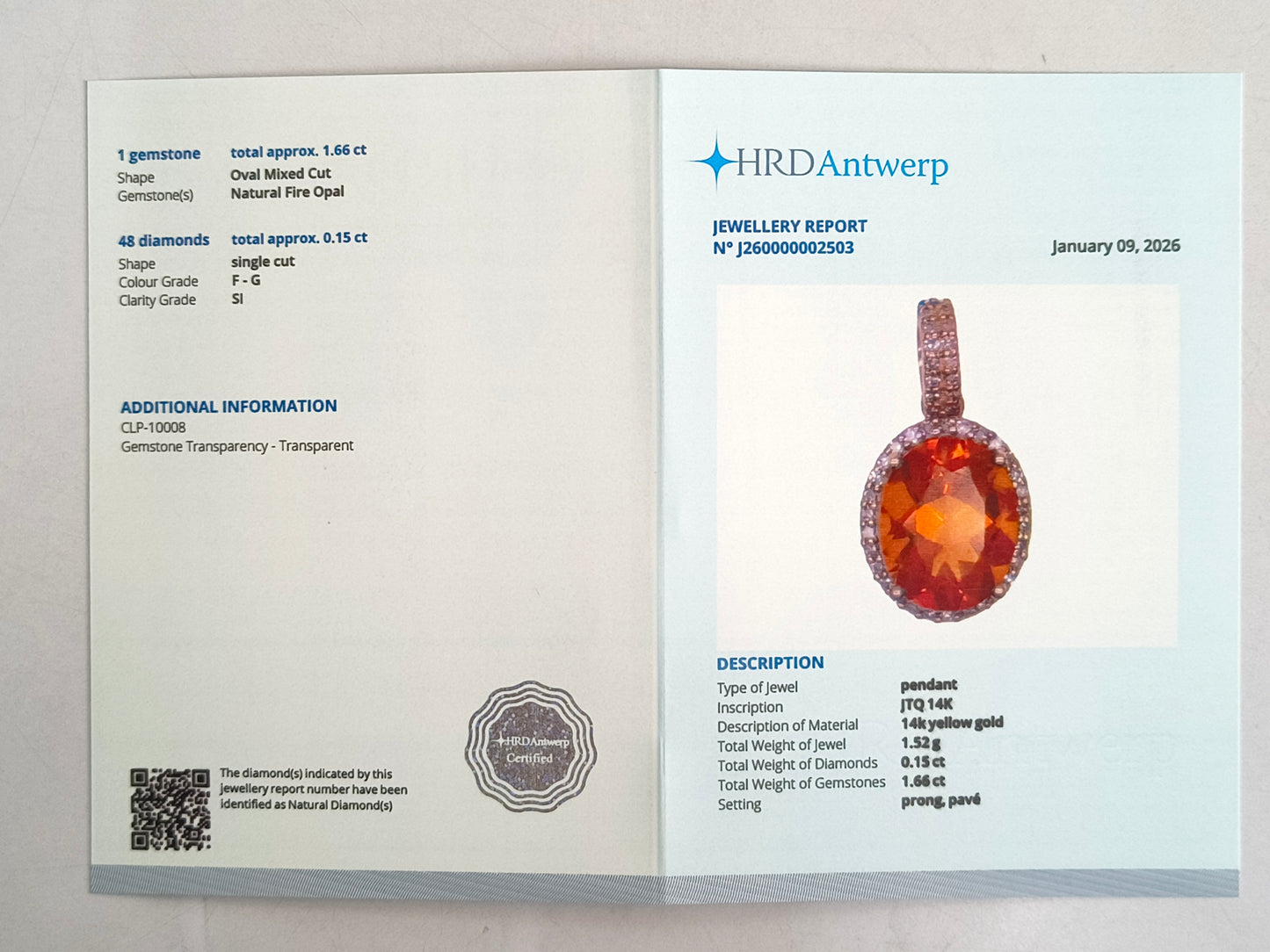 1.81 Ct Oval Mixed Cut Natural Fire Opal 14K Gold Pendant