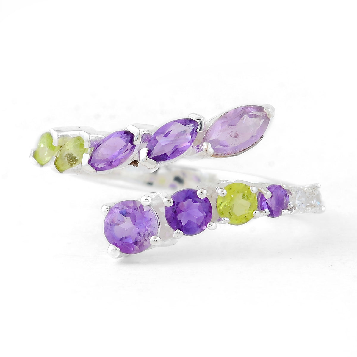 1.42 Ct Round Amethyst, Peridot, Cubic Zirconia 925 Sterling Silver Ring