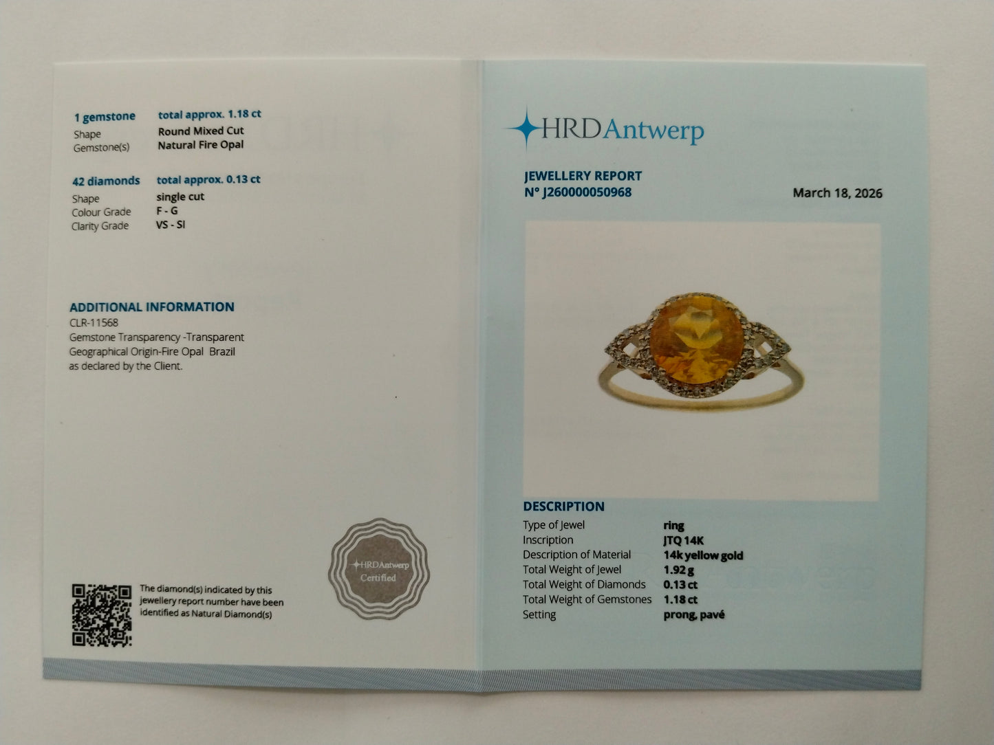 1.31 Ct Round Mixed Cut Natural Fire Opal 14K Gold Ring