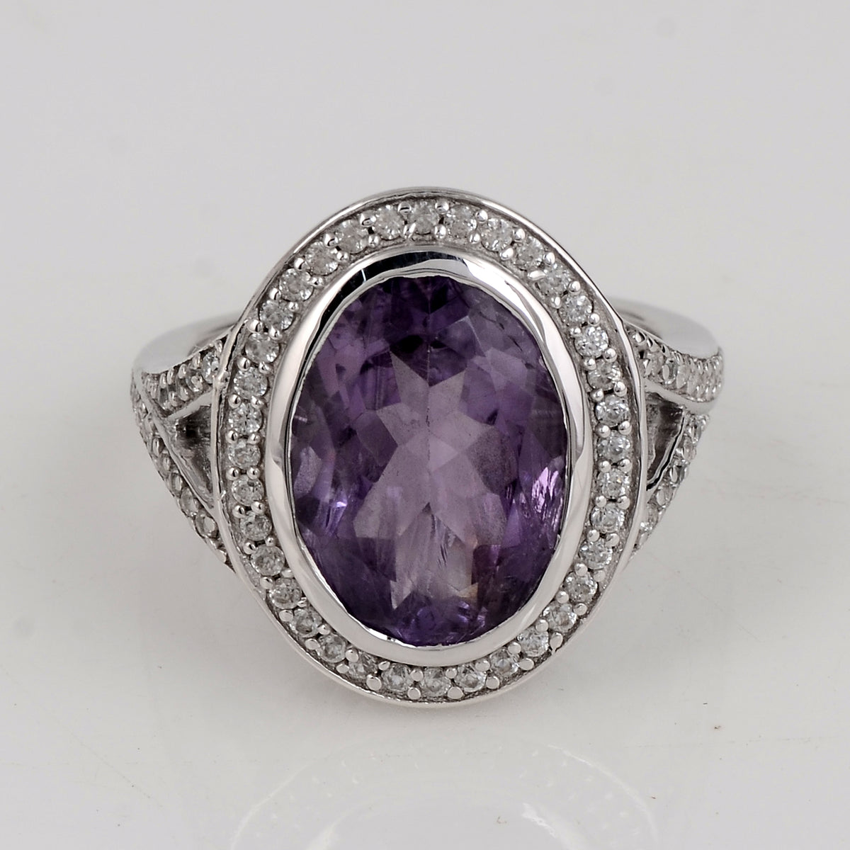 6.58 Ct Oval Amethyst, Cubic Zirconia, 925 Sterling Silver Ring