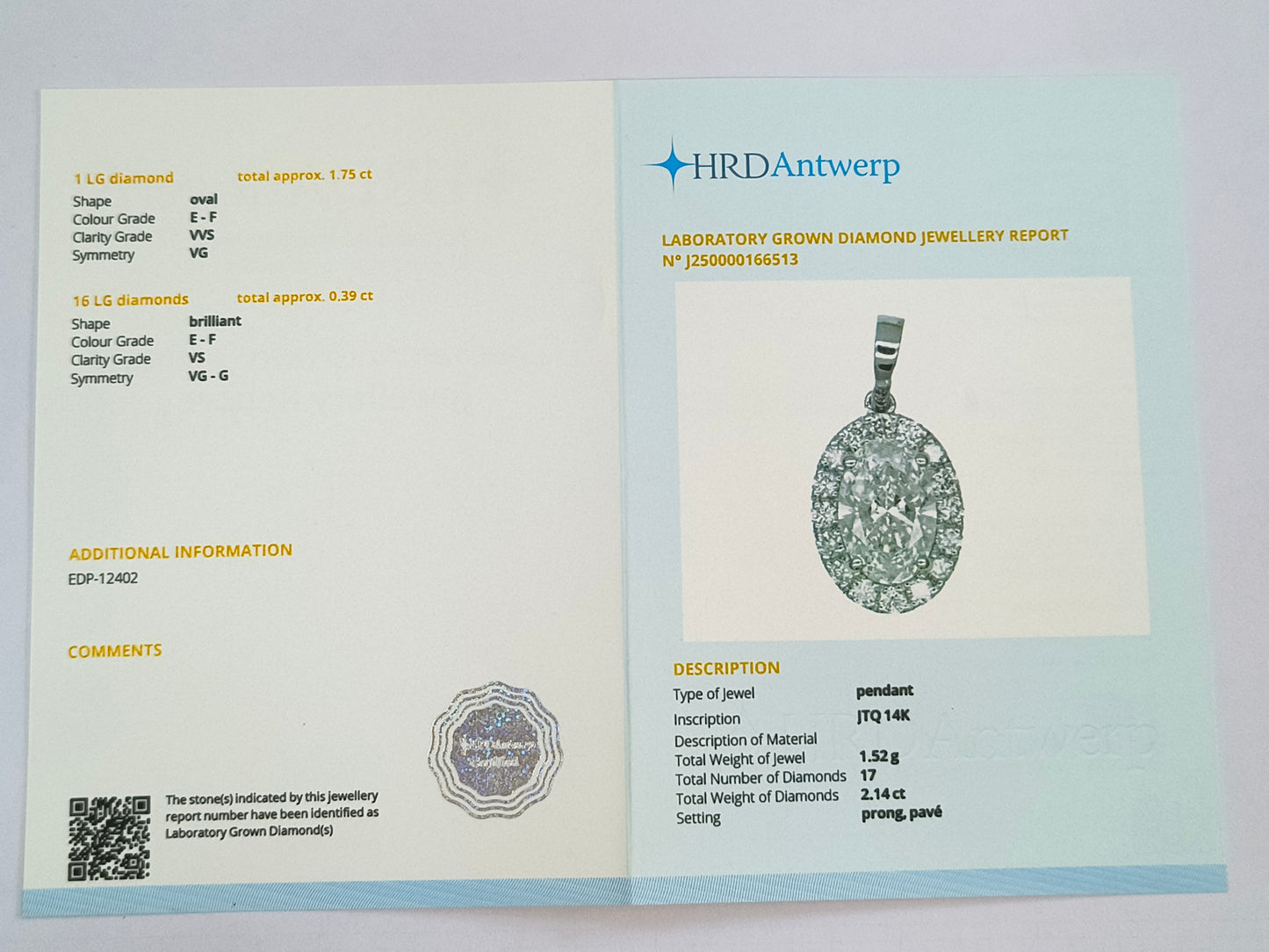 2.14 Carats Lab Grown Diamond 14K Gold Pendant