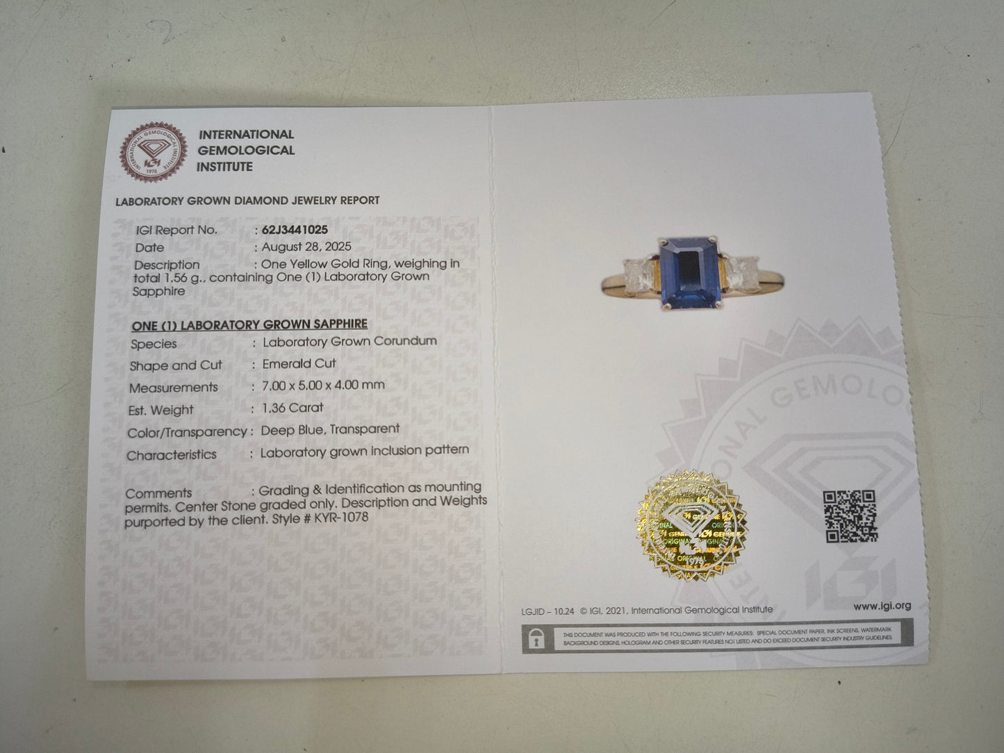 1.67 Ct Emerald Cut Lab Grown Sapphire 14K Gold Ring