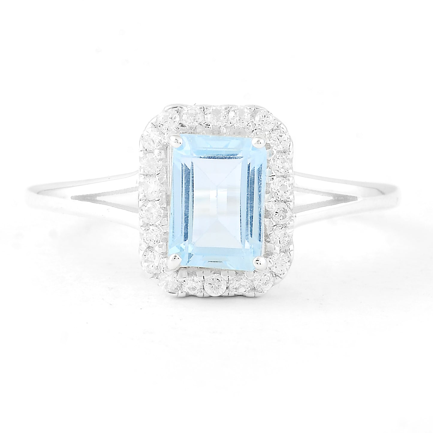 1.52 Ct Octagon Blue Topaz, White Zircon, 925 Sterling Silver Ring
