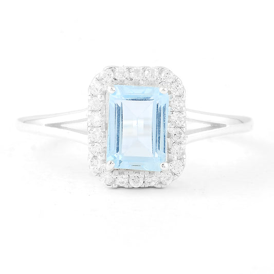 1.52 Ct Octagon Blue Topaz, White Zircon, 925 Sterling Silver Ring