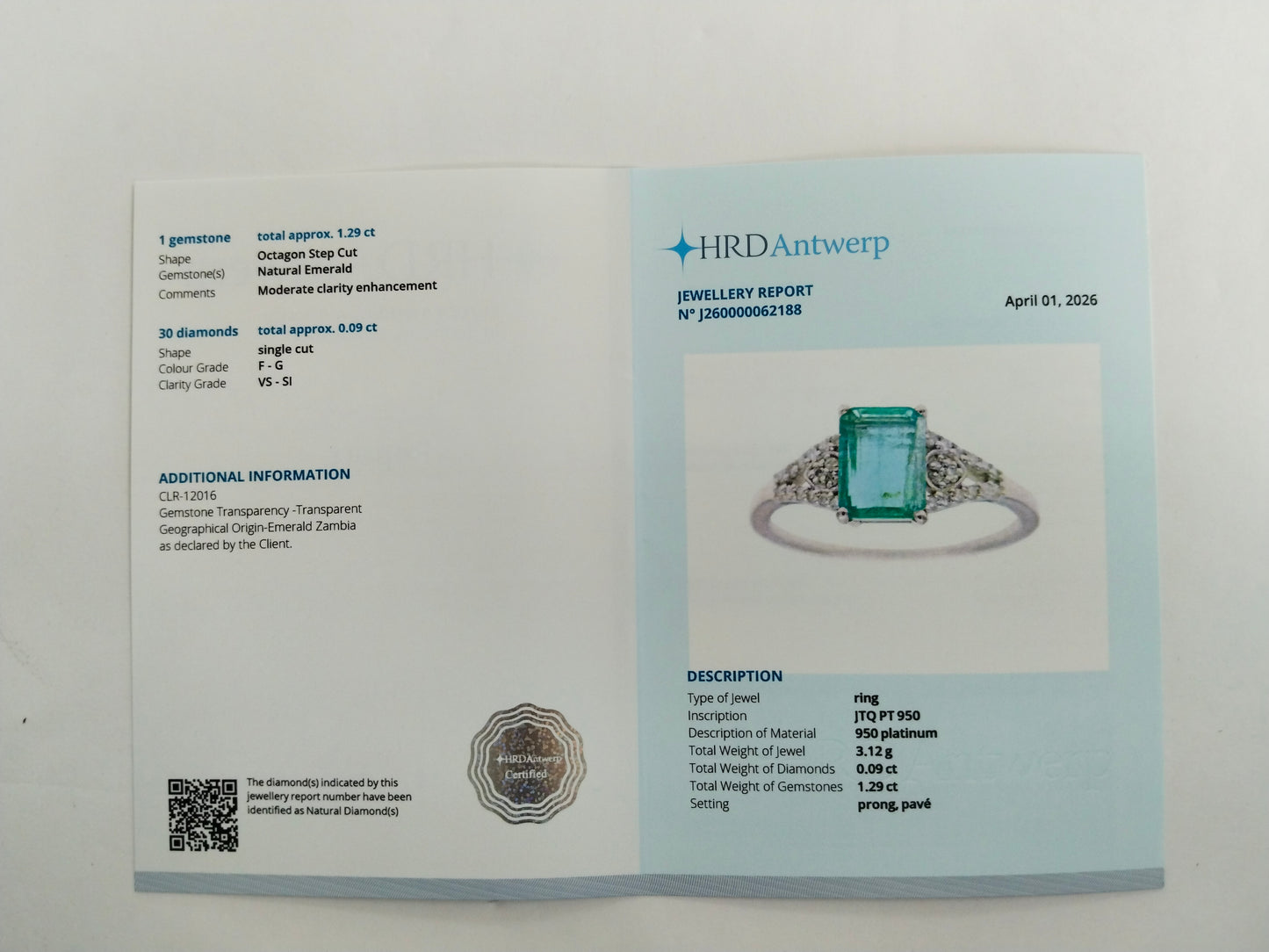 1.38 Ct Octagon Step Cut Natural Emerald 950 Platinum Ring