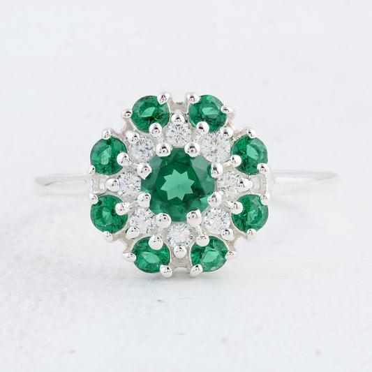 1.38 Ct Round Created Glass Emerald 925 Sterling Silver Ring