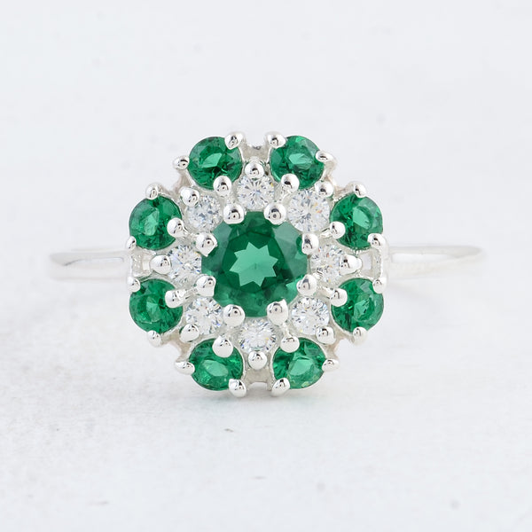 1.38 Ct Round Created Glass Emerald 925 Sterling Silver Ring