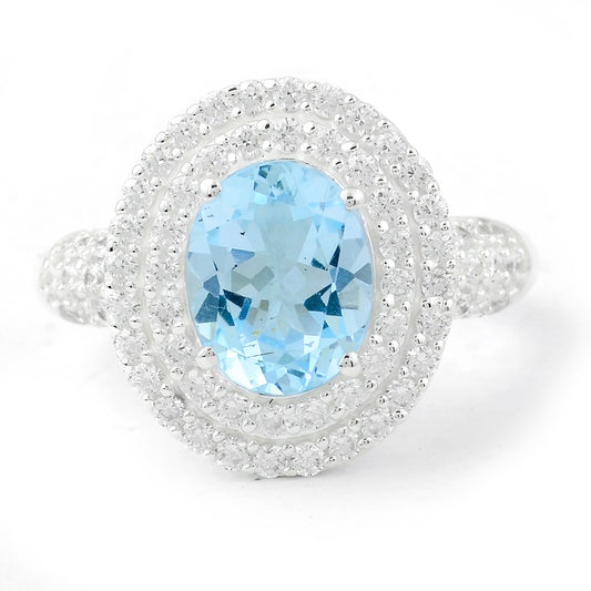 5.30 Ct Oval Blue Topaz, Cubic Zirconia 925 Sterling Silver Ring