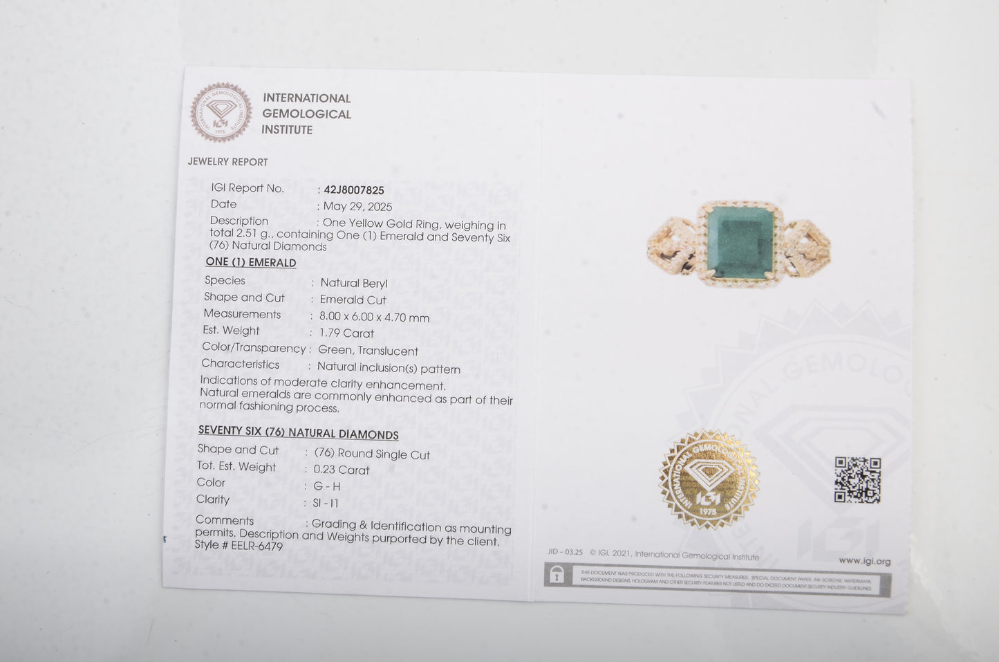 2.02 Ct Emerald Cut Natural Beryl Emerald 14K Gold Ring