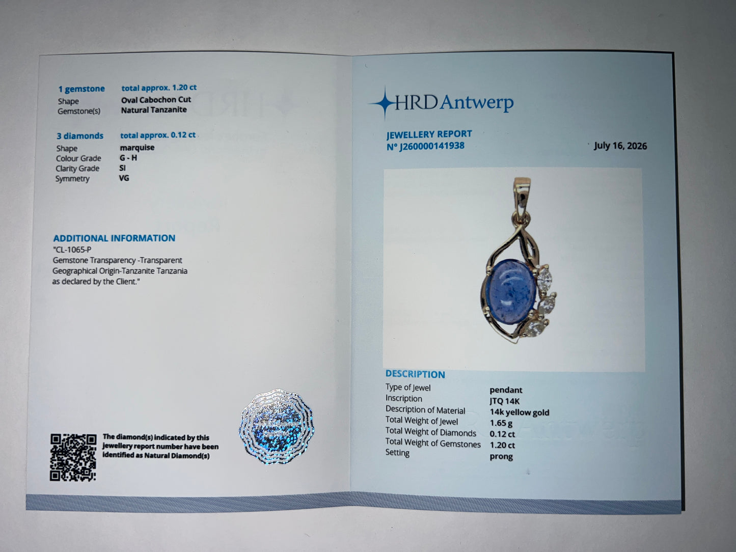 1.32 Ct Oval Cabochon Cut Natural Tanzanite 14K Gold Pendant
