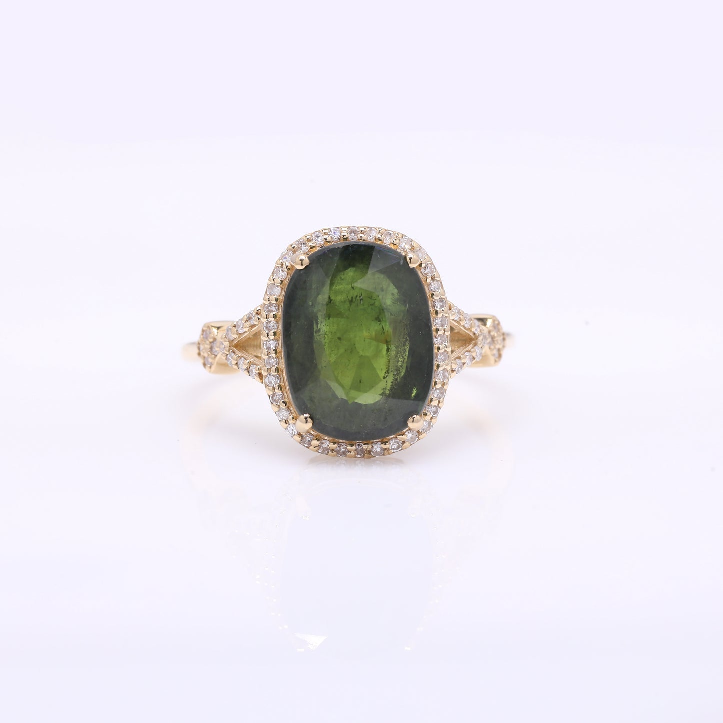 5.43 Ct Cushion Mixed Cut Natural Green Sapphire 14K Gold Ring