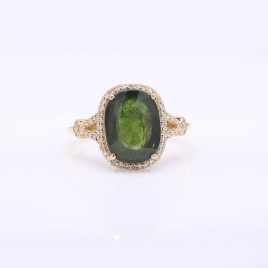 5.43 Ct Cushion Mixed Cut Natural Green Sapphire 14K Gold Ring