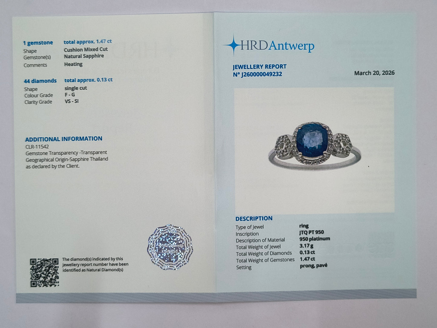 1.60 Ct Cushion Mixed Cut Natural Sapphire 950 Platinum Ring