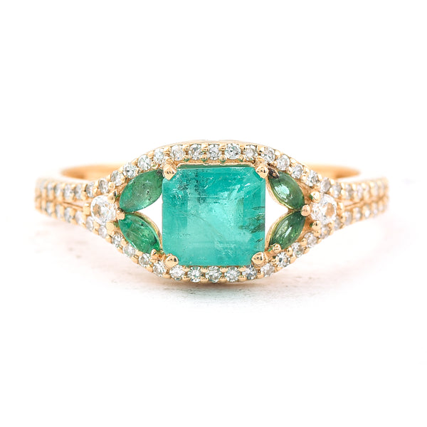 1.31 Ct Octagon Step Cut, Marquise Mixed Cut Natural Emerald 14K Gold Ring