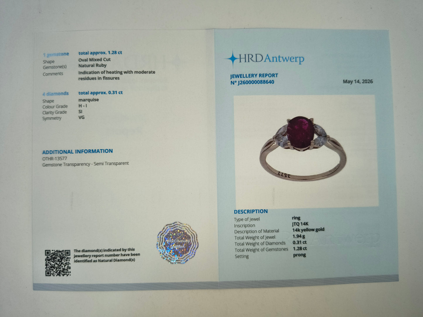 1.62 Ct Oval Mixed Cut Natural Ruby 14K Gold Ring