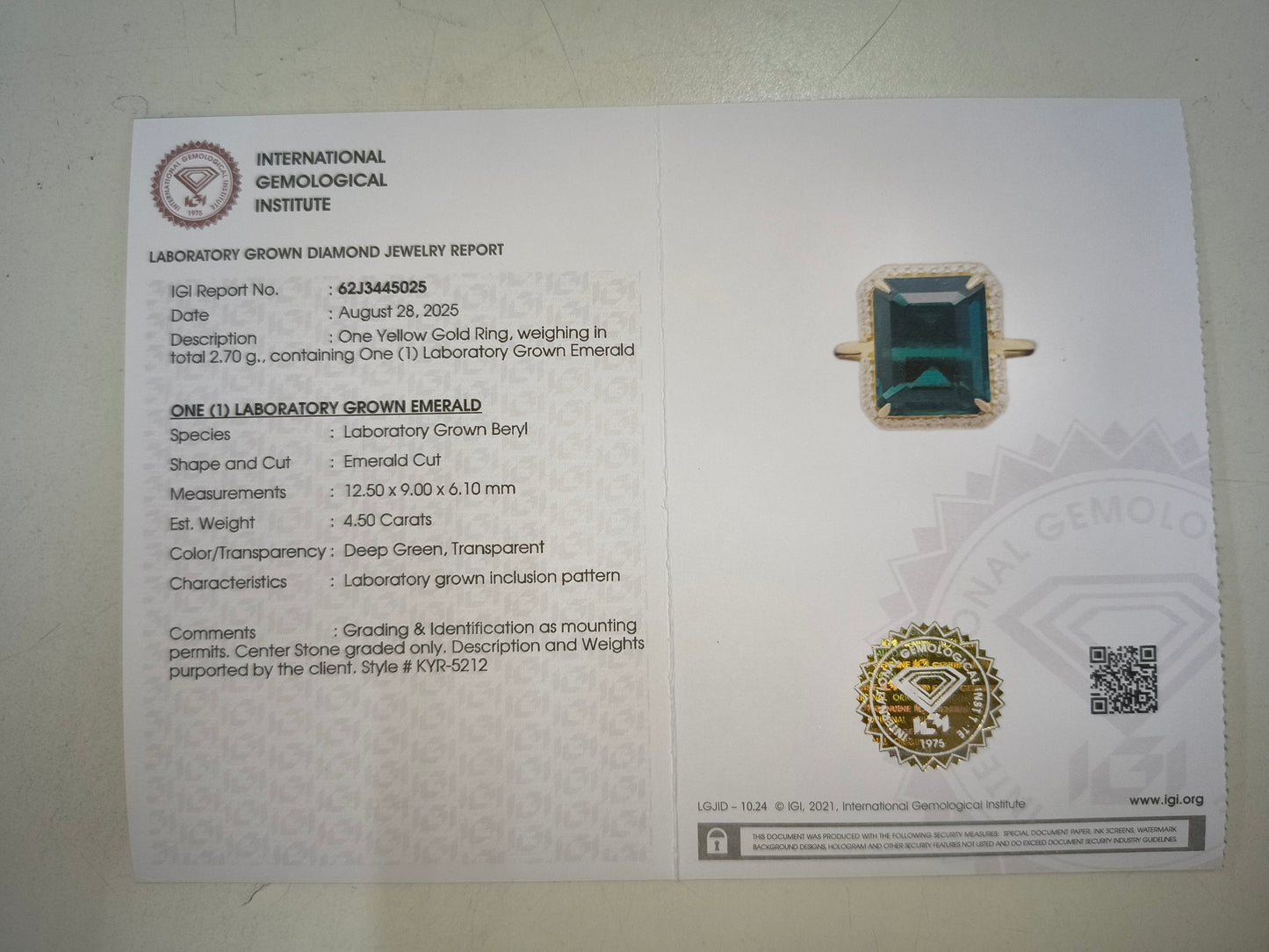 4.61 Ct Emerald Cut Lab Grown Emerald 14K Gold Ring