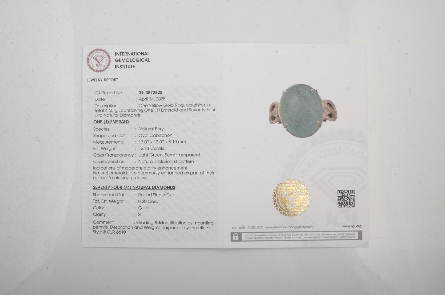 12.33 Ct Oval Cabochon Emerald 14K Gold Ring
