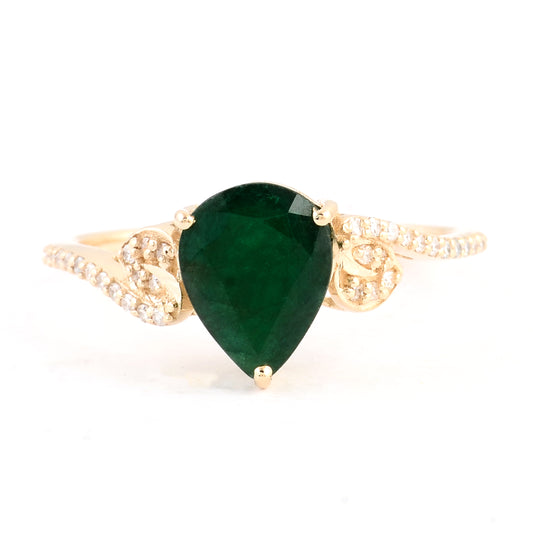 1.57 Ct Pear Mixed Cut Natural Beryl Emerald 14K Gold Ring