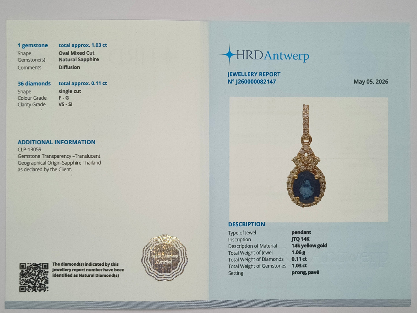 1.14 Ct Oval Mixed Cut Natural Sapphire 14K Gold Pendant