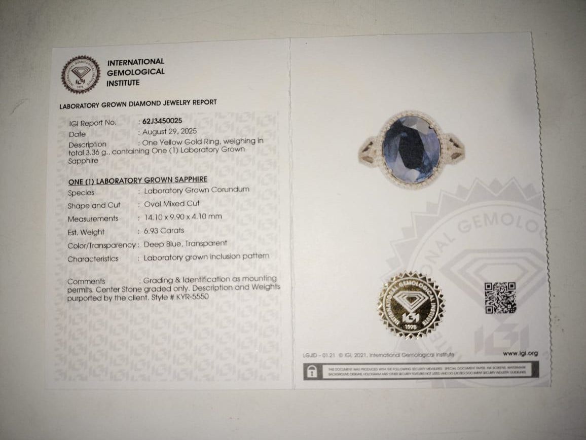 7.24 Ct Oval Mixed Cut Lab Grown Sapphire 14K Gold Ring