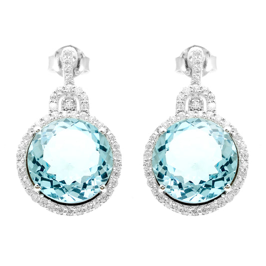 14.69 Ct Round Blue Topaz, White Zircon 925 Sterling Silver Earrings