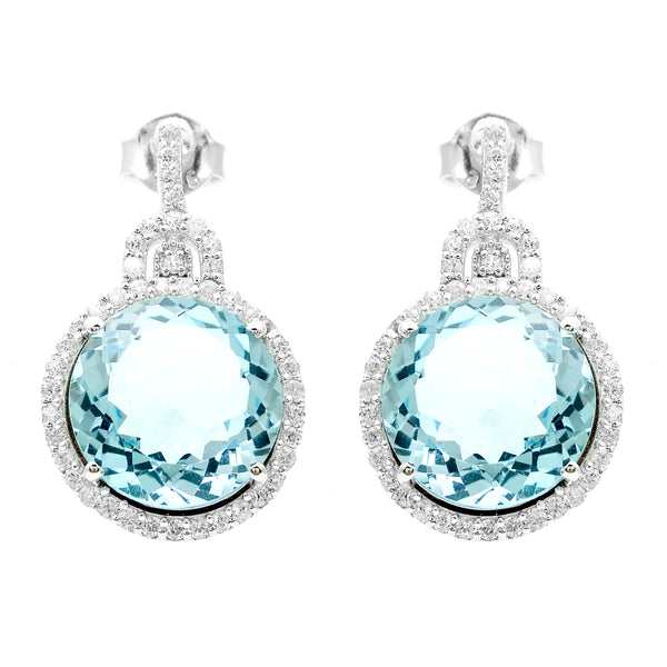 14.69 Ct Round Blue Topaz, White Zircon 925 Sterling Silver Earrings