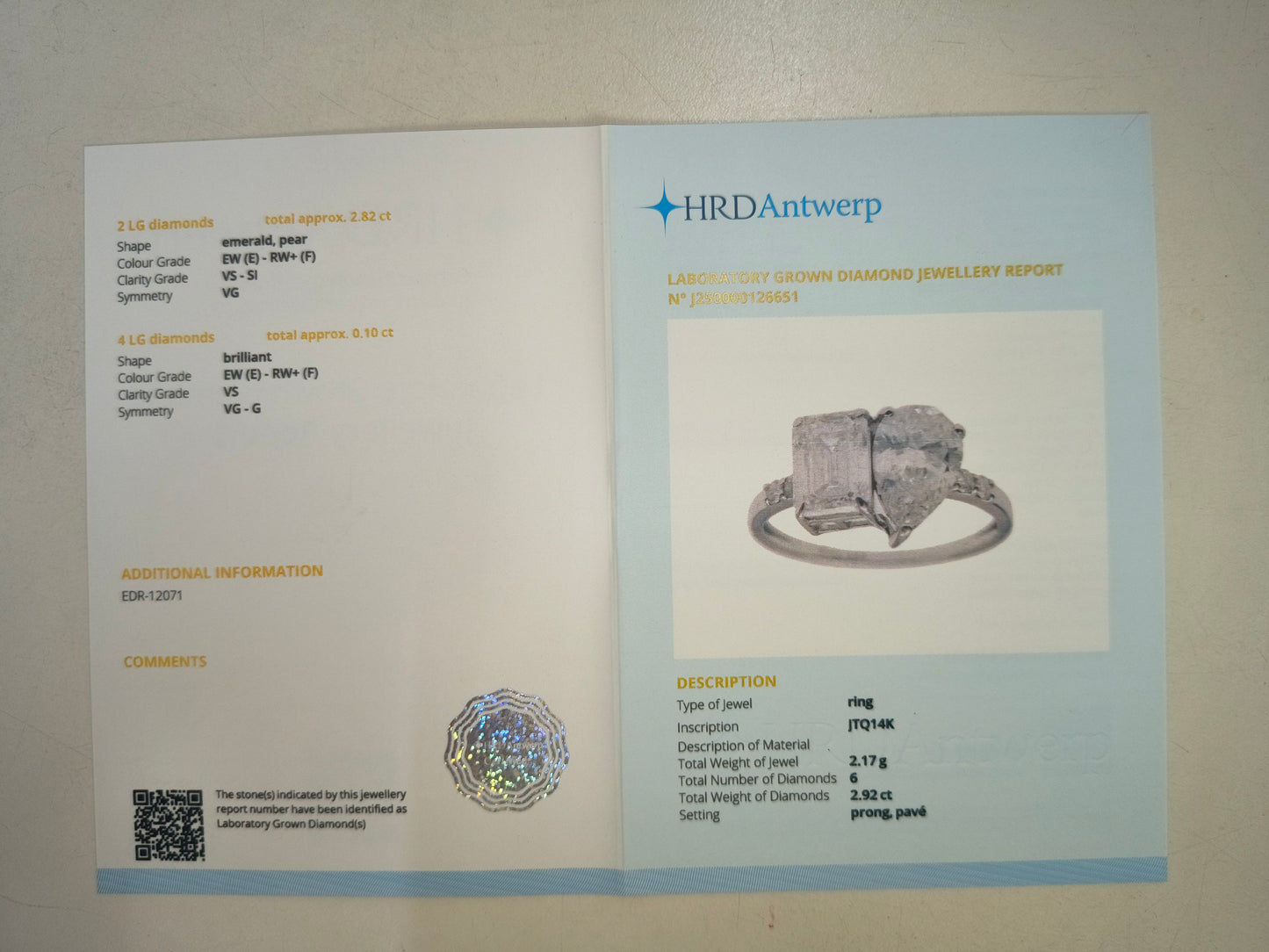 2.92 Carats Lab Grown Diamond 14K Gold Ring