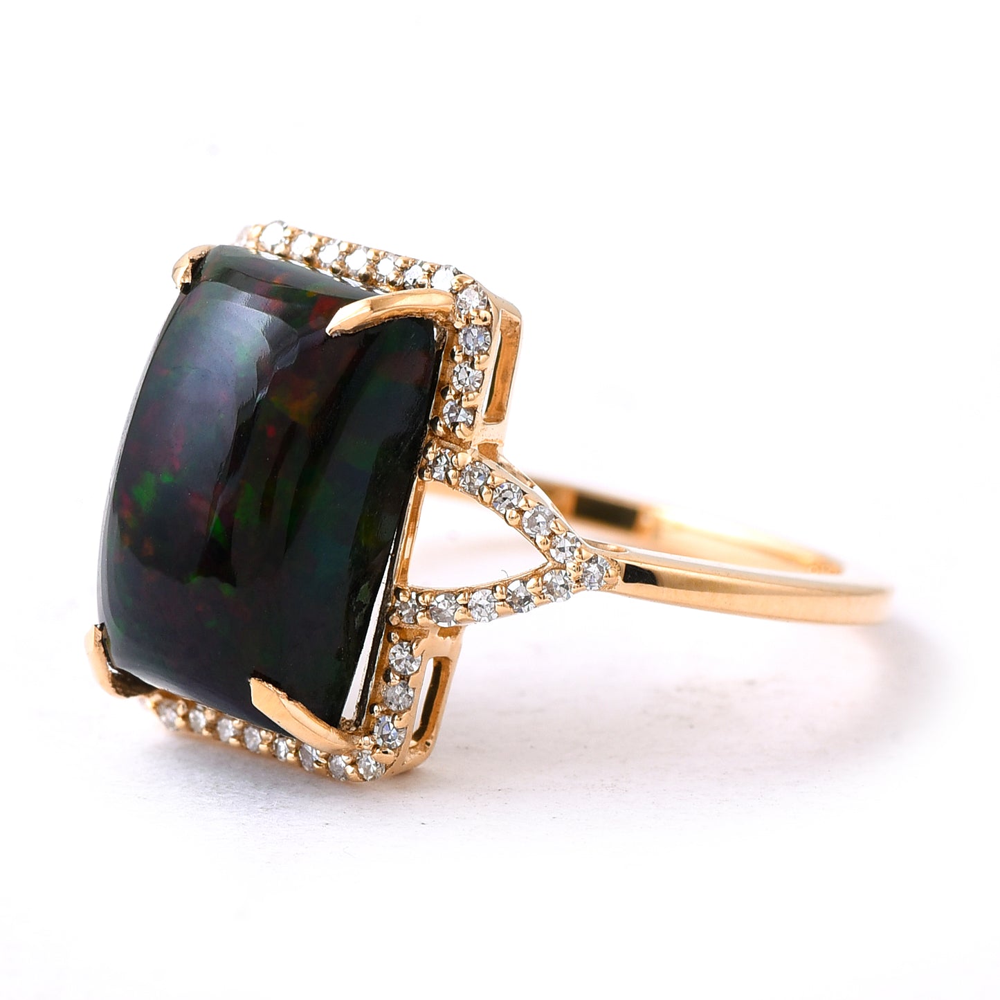 3.90 Ct Cushion Cabochon Cut Natural Black Opal 14K Gold Ring
