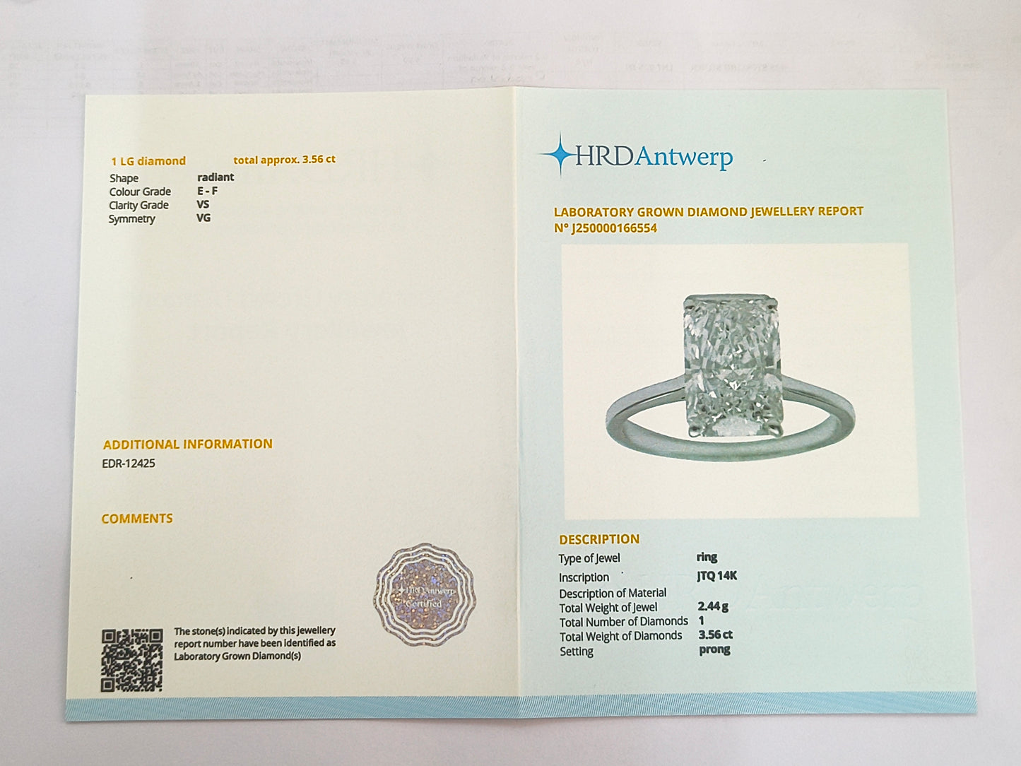 3.56 Carats Lab Grown Diamond 14K Gold Ring