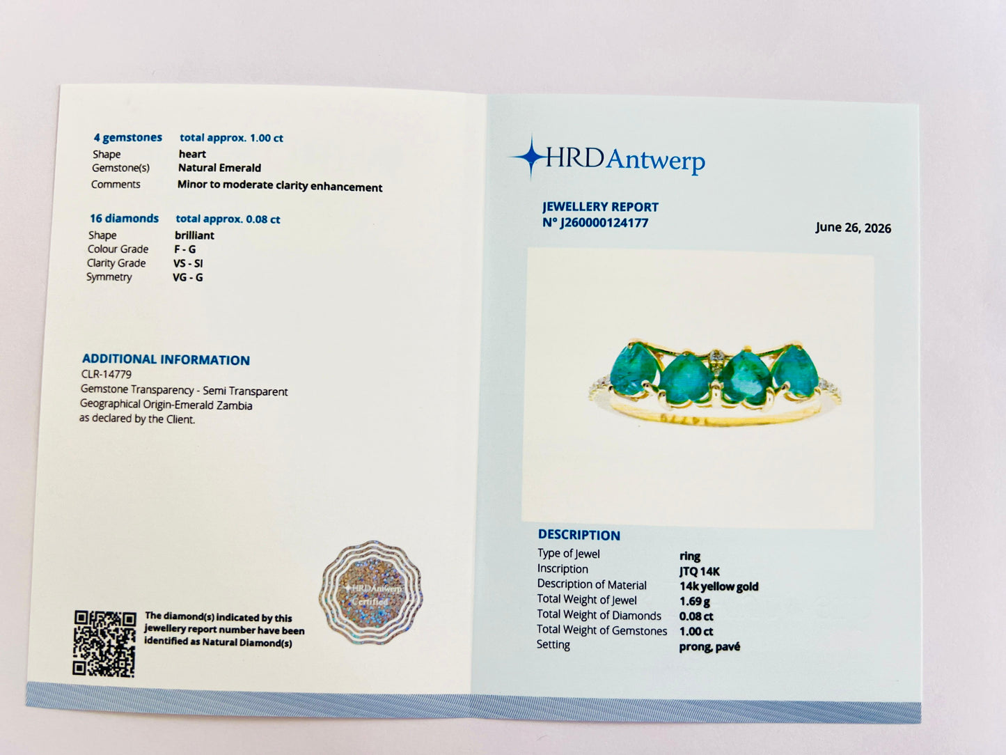 1.08 Ct Heart Natural Emerald 14K Gold Ring