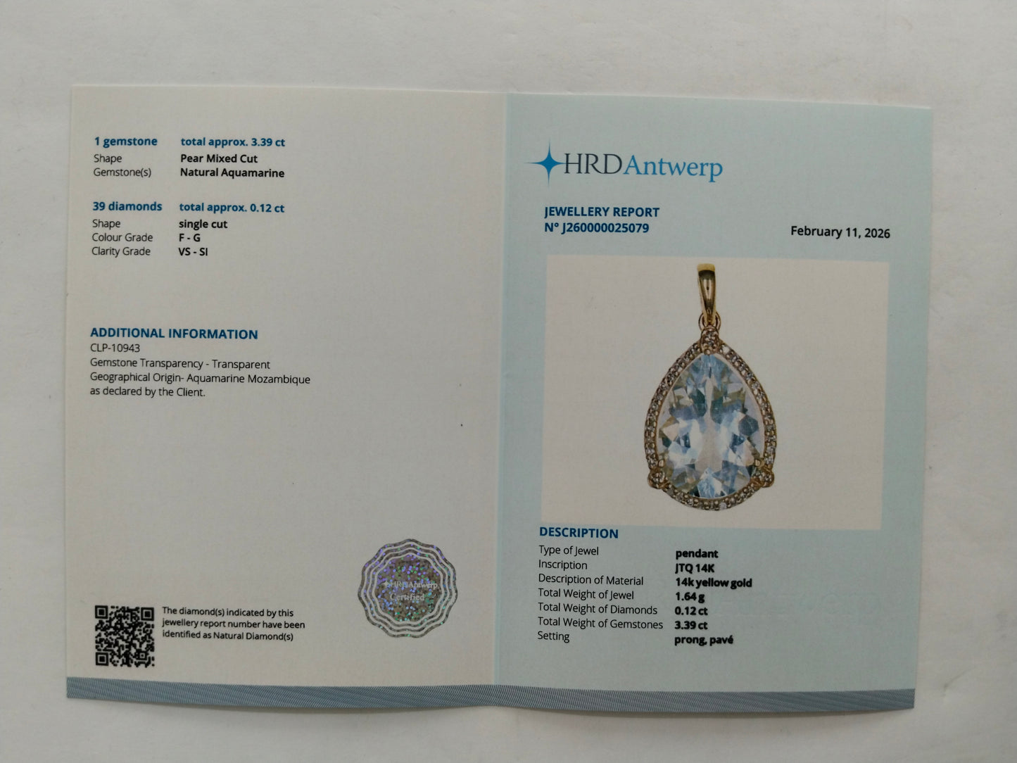 3.51 Ct Pear Mixed Cut Natural Aquamarine 14K Gold Pendant