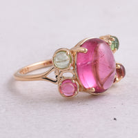 4.32 Ct Oval Cabochon Cut, Round Cabochon Cut Natural Multi-Coloured Tourmaline 14K Gold Ring