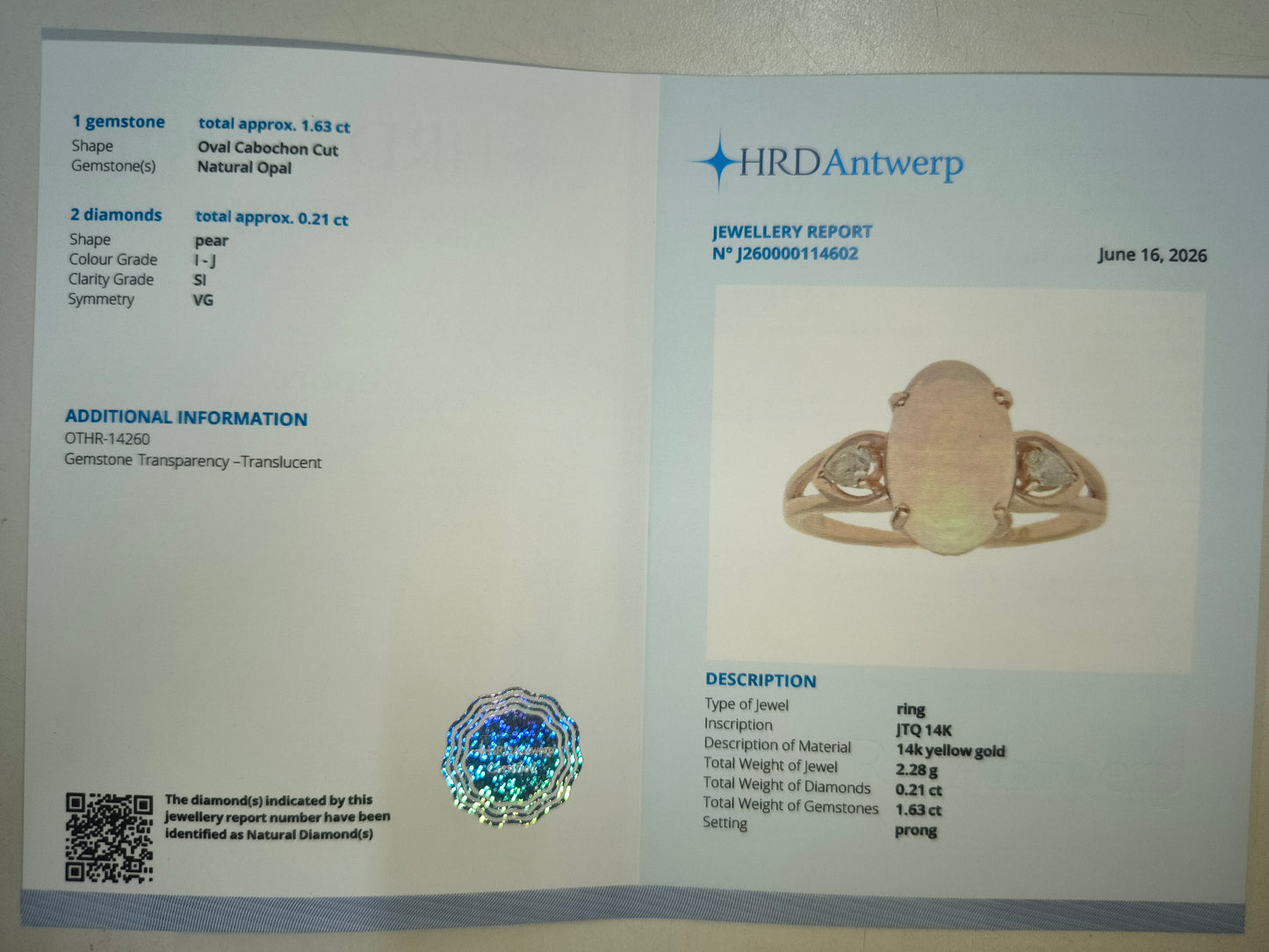 1.84 Ct Oval Cabochon Cut Natural Opal 14K Gold Ring