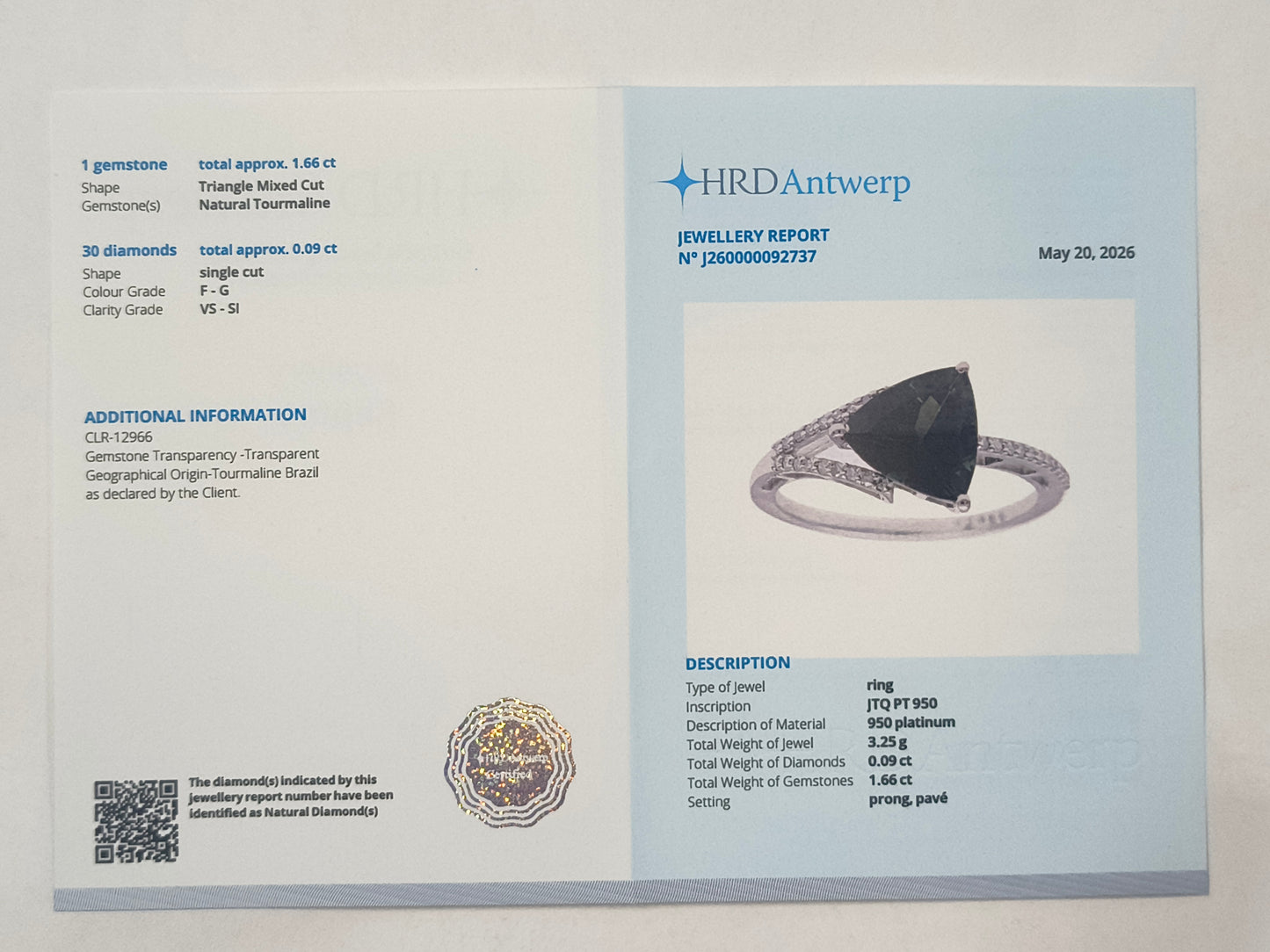 1.75 Ct Trillion Tourmaline 950 Platinum Ring